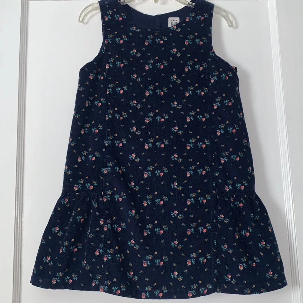 GAP Girls Navy Blue Floral Floral Jumper Dress EUC Corduroy 4